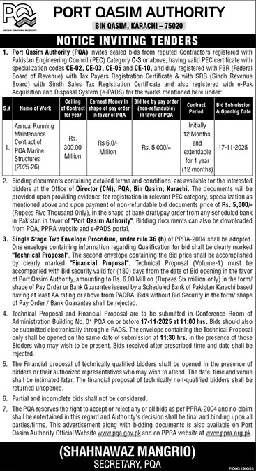 Port Qasim Authority Karachi Tender Notice